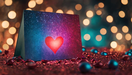 Valentine's day card with red heart on bokeh backgroundの素材