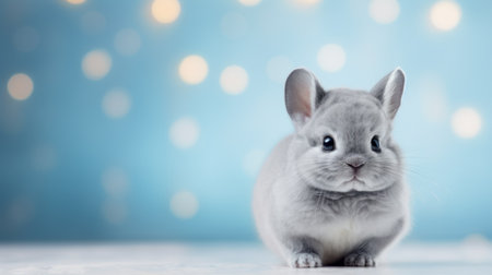 Cute little gray rabbit on a blue background with bokehの素材