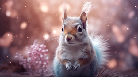 Cute squirrel in a winter forest with snowflakes. 3d renderingの素材