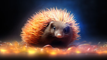 Hedgehog on a dark background with lights and smoke. Halloween conceptの素材
