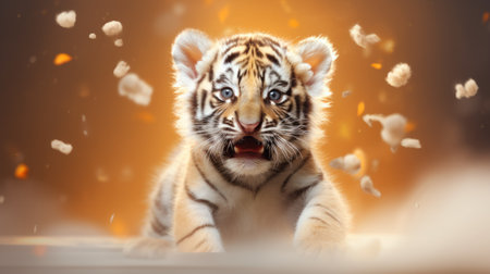 Close up of cute tiger cub with falling petals on orange backgroundの素材