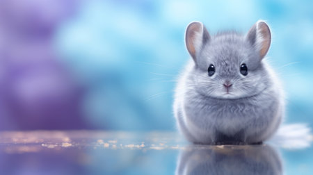 Cute little gray hamster on blue background with bokehの素材