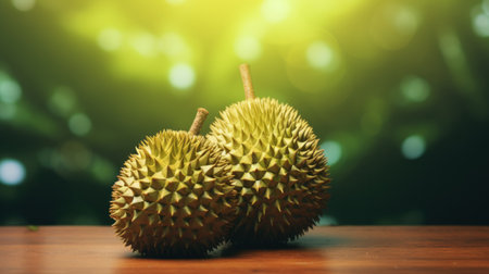 Durian fruit on wooden table and green bokeh background.の素材