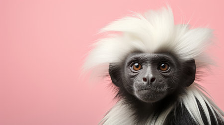 Portrait of a white and black colobus monkey on pink backgroundの素材