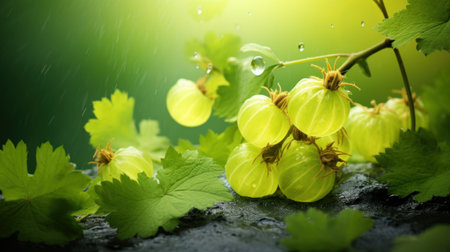 Green currant with drops of water on a background of green leavesの素材