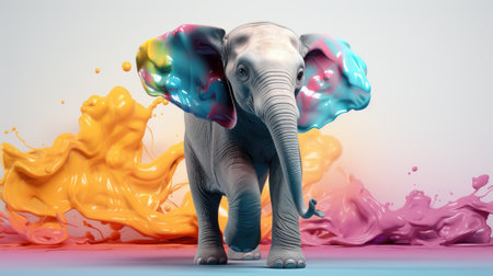 Elephant with colorful paint splashes. 3D illustration. 3D rendering.の素材
