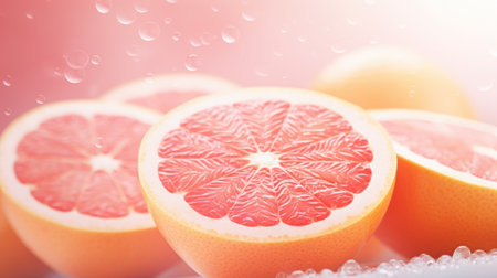 Grapefruit and grapefruit slices on a white background with water dropsの素材