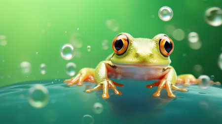 Frog on green background with water drops. 3d illustration.の素材