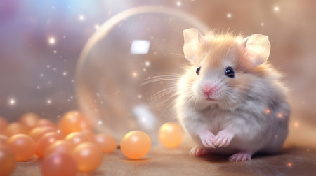 Hamster with a glass ball on a light background. The concept of Christmas and New Year.の素材