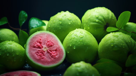 Fresh guava with water drop on black background. (tropical fruit)の素材