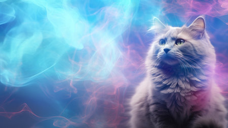 Persian cat with blue and pink smoke on a dark background.の素材