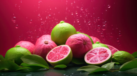 Fresh limes with green leaves and drops of water on red backgroundの素材