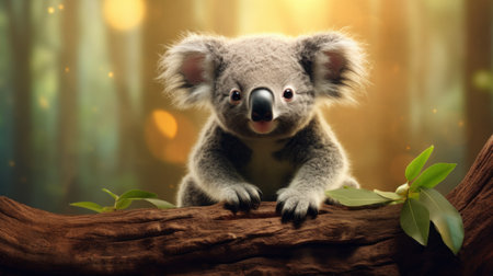 Cute koala sitting on a log with green leaves. Nature background.の素材