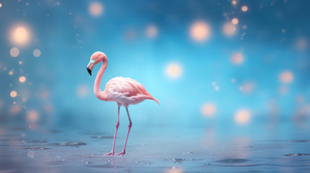 Pink flamingo on blue background with bokeh effect. 3d renderingの素材