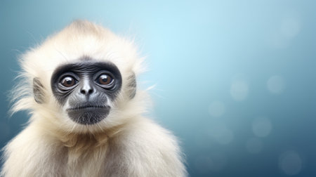 Portrait of a white langur monkey on a blue background.の素材