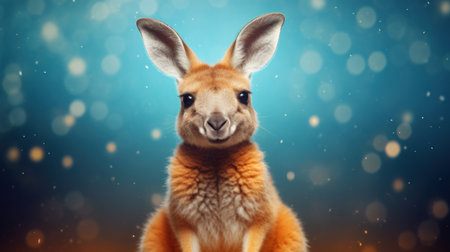 Funny kangaroo on blue background with bokeh effectの素材