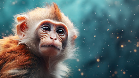 Portrait of a cute monkey on a background of snowfall.の素材