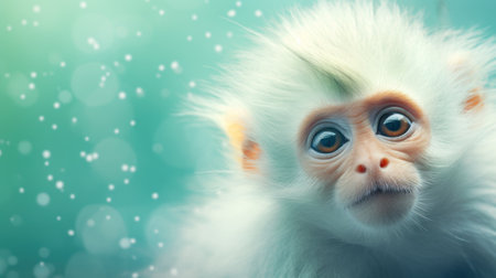 Portrait of cute baby monkey on a green background with bokehの素材