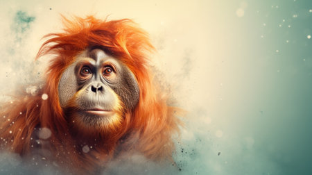 Portrait of an orangutan with orange hair and smoke in the backgroundの素材