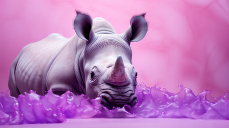 White rhinoceros with purple feathers on a pink background.の素材