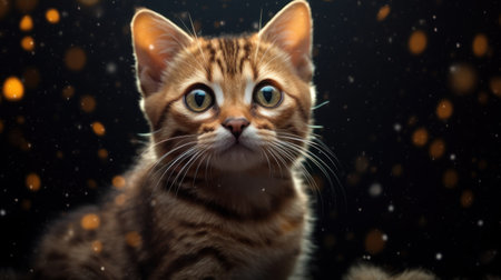 Portrait of cute ginger cat on black background with bokeh effectの素材
