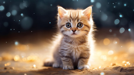 Cute little kitten sitting on the sand with snowflakes.の素材