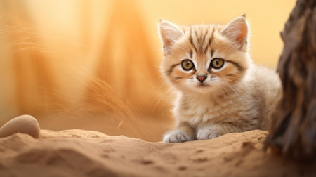 Cute persian kitten sitting on the sand and looking at cameraの素材
