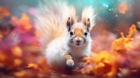 Squirrel on a background of autumn leaves. 3d rendering.の素材