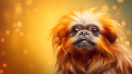 Portrait of a cute Pekingese on a golden background.の素材