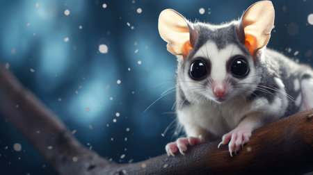 Cute sugar glider on a tree branch in the snow.の素材