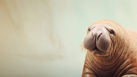 Close up of a walrus on a light background with copy spaceの素材
