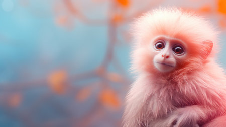 Portrait of cute baby monkey on a blue background with copy spaceの素材
