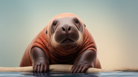 Walrus in the sea. 3d render illustration on blue backgroundの素材