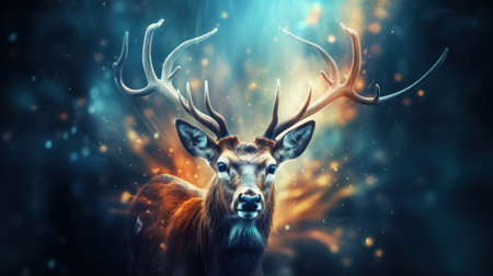 Fantasy deer with big antlers in the forest. 3d renderingの素材