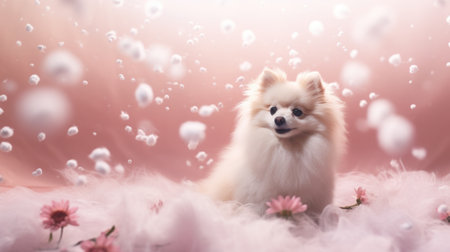 Pomeranian dog on a pink background with flowers and bubbles.の素材