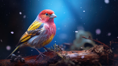 Male redfinch sitting on a branch in the snow at nightの素材