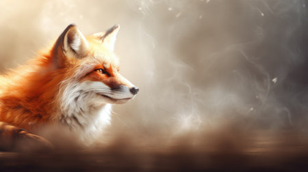 Red fox on a dark background with smoke. Copy space for text.の素材