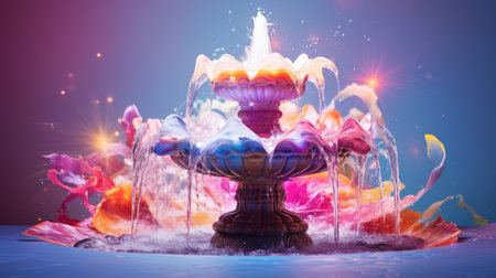 Colorful water fountain with multicolored petals and rays of light.の素材