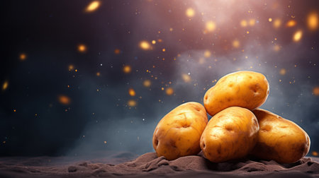 Potatoes on dark background with copy space. 3D Renderingの素材