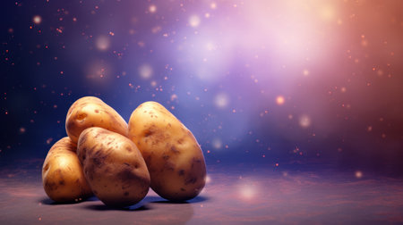 Potatoes on a blue background with bokeh and space for textの素材