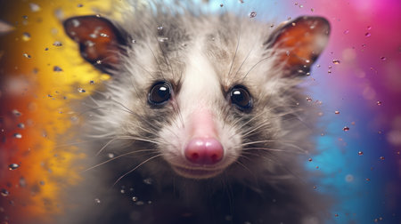 Portrait of a cute baby opossum on a colorful backgroundの素材