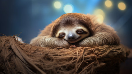 Cute sloth sleeping in the nest on bokeh backgroundの素材