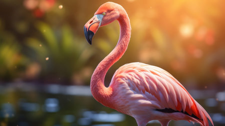 Pink flamingo in the water. Flamingo on nature backgroundの素材