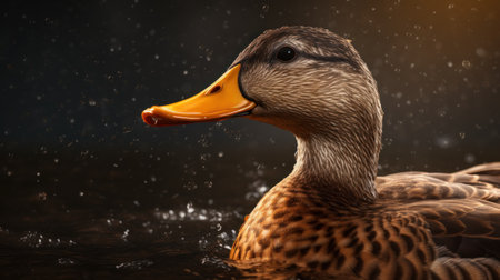 Mallard duck on a dark background with water droplets.の素材