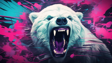 Digital composite of White polar bear shouting in front of pink and purple backgroundの素材