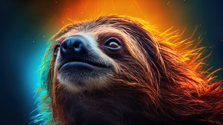 Close up portrait of cute sloth on colorful background. Animal theme.の素材