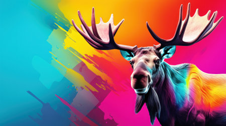 3D rendering of a moose with antlers on a colorful backgroundの素材