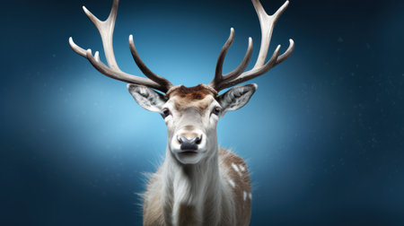 Fallow deer with big antlers on blue background. Animal portraitの素材
