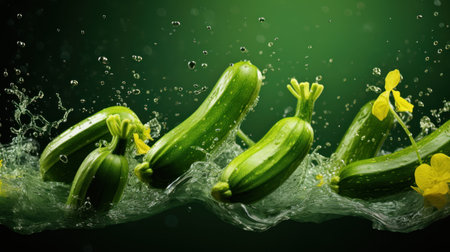 Fresh zucchini with water splash on dark green background, close upの素材