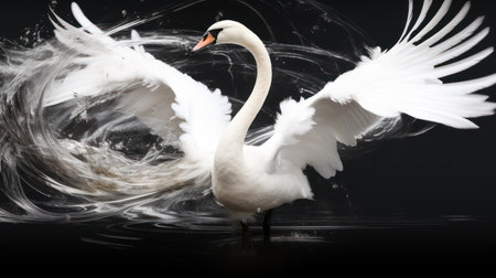 beautiful white swan on a black background with splashes of waterの素材